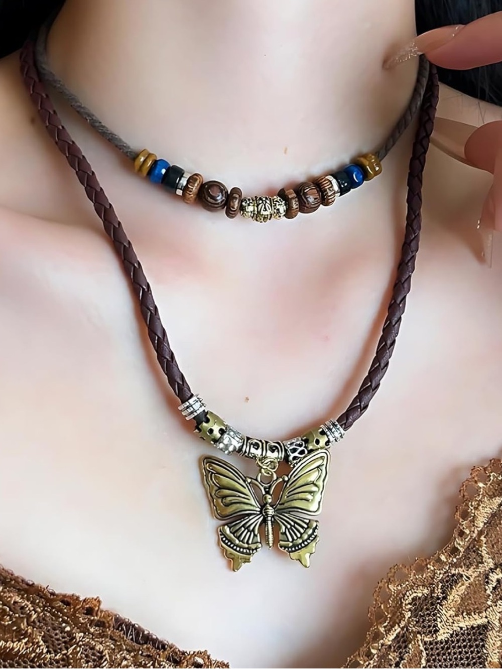 Bohemian Brown Braided Leather Butterfly Necklace - Unbranded